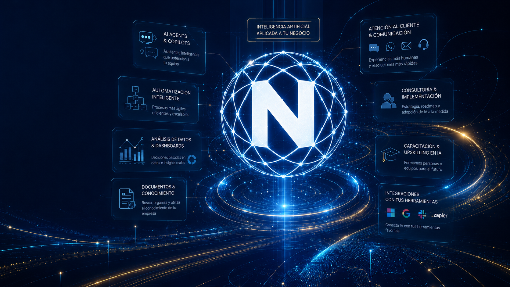 Visual tecnológico de Novantec con el emblema corporativo y módulos de inteligencia artificial empresarial